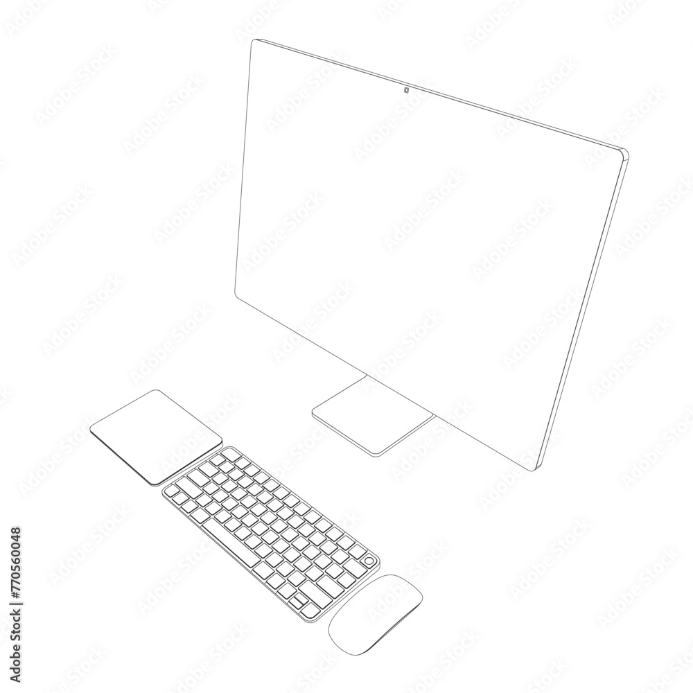 Aufkleber monitor pc mockup. outline thin frame monitor or pc with mouse and keyboard isolated on white backgr