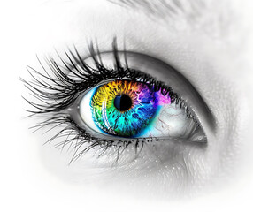 Black and white eye with a rainbow colored iris on a white background