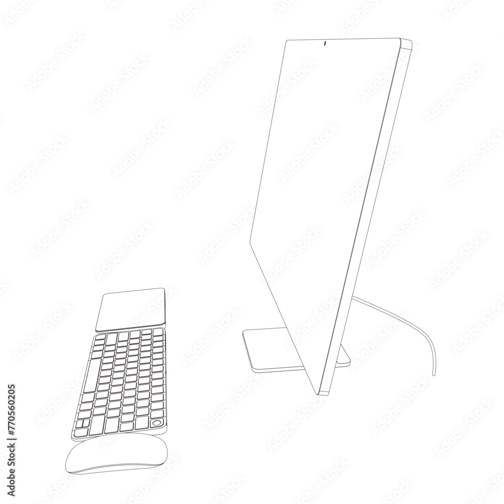 Poster monitor pc mockup. outline thin frame monitor or pc with mouse and keyboard isolated on white backgr