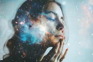 Beautiful woman portrait with space background double exposure, hand touching face, universe and stars in the sky, beautiful cosmic nebula background