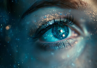 An eye with a starry sky background, a beautiful and dreamy blue color scheme - obrazy, fototapety, plakaty