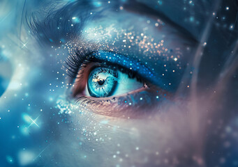 An eye with a starry sky background, a beautiful and dreamy blue color scheme, a high definition photography style, - obrazy, fototapety, plakaty
