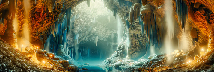 Crystal Ice Cave Beauty, Frozen Stalactites and Blue Light, A Mystical Natural Wonder - obrazy, fototapety, plakaty