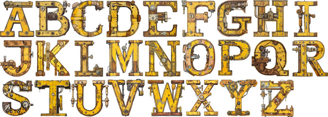 lettering alphabet steampunk rust metal  - obrazy, fototapety, plakaty