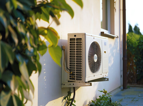 air source heat pump on the side of an outdoor wall in home garden stock photo contest winner