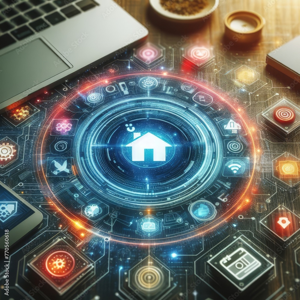 Poster a cybernetic concept of smart home security with digital interfaces and icons surrounding a central 
