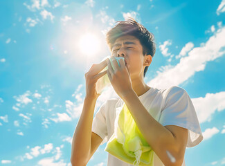 A young Asian man is standing under the sun, panting and holding an ice pack to his face to cool off with a blue sky in the background