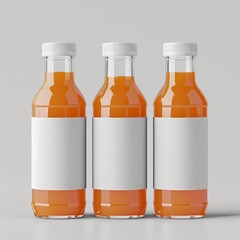 Three glass bottles of refreshing orange juice with blank labels, standing on a white background. Ideal for product photography, advertising, or showcasing your citrus beverage products.