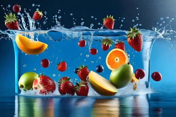 fresh fruits splashing into clear blue water 