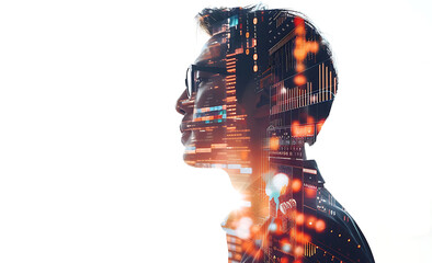 A double exposure of the profile silhouette and digital data visualizations, 