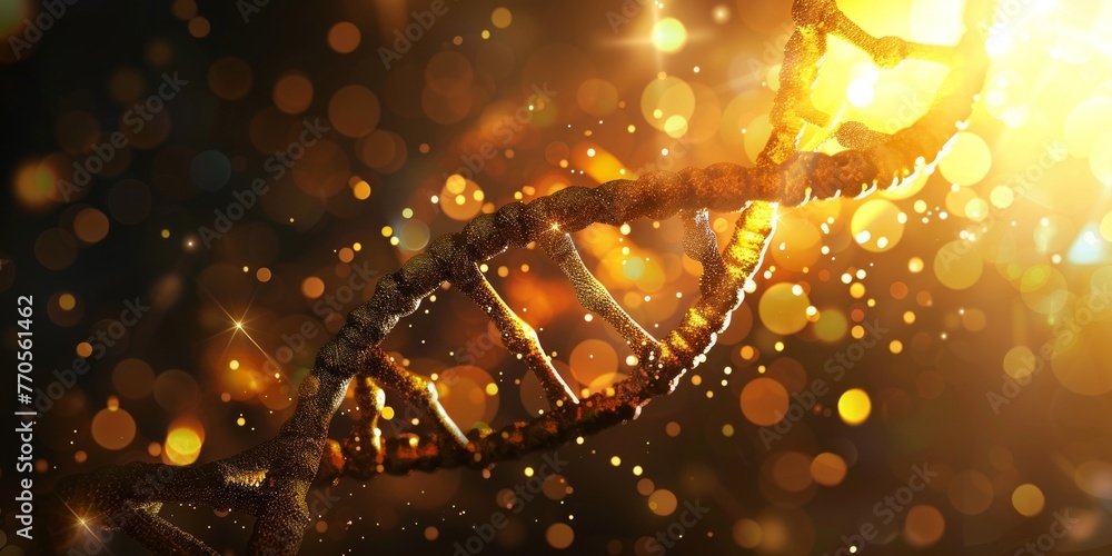 Poster a detailed view of a double-stranded dna strand illuminated in a particle simulation, showcasing the