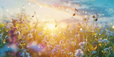 Wildflower meadow with floating musical notes at sunset, creating a magical and harmonious natural...