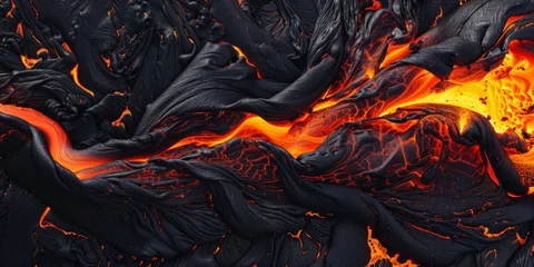 Foto auf Alu-Dibond The image shows a close up view of a lava volcano with molten lava flowing down its slopes, showcasing the raw power and intensity of a volcanic eruption © tashechka