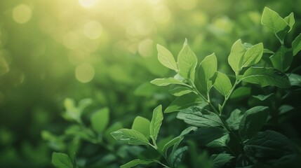 Detailed view of a bush with vibrant green leaves, illuminated by soft light - obrazy, fototapety, plakaty