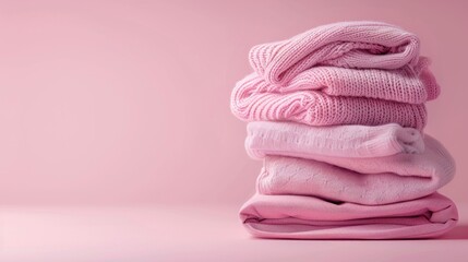 Obraz na płótnie Canvas Neatly folded pink sweaters stacked on a pink background
