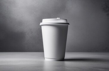 A white disposable paper cup on a grey background. Side view.