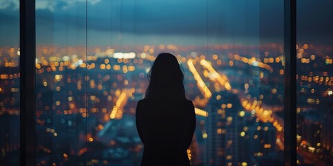 A woman stands in front of a window overlooking a city at night, captured in a moment of contemplation