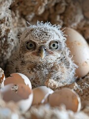 Intimate closeup of a newly hatched owl chick still wet and fragile nestled among eggshell remnants the soft texture of its down feathers contrasting with the rough nest materials