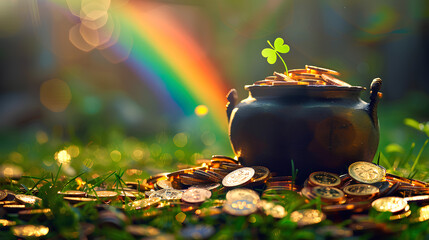 Saint Patrick's Day and Leprechaun's pot of gold coins concept with a rainbow indicating where the leprechaun hid treasure on green with copy space. St Patrick is the patron saint of Ireland backdrop - obrazy, fototapety, plakaty