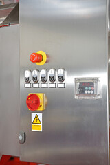 Main Power Push Buttons Emergency Stop Control Panel at Stainless Steel Machine - obrazy, fototapety, plakaty