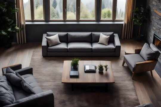 High Angle View Of Living Room With Comfortable Sofas And Coffee Table