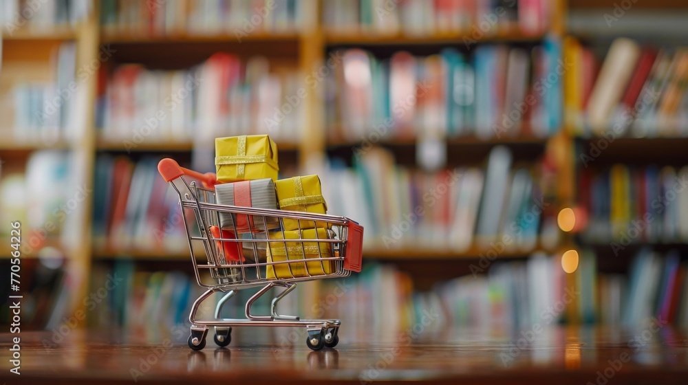Poster a small shopping cart overflowing with books parked in front of a bookshelf