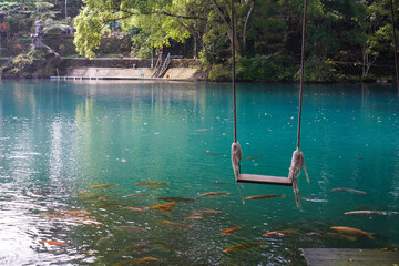A traditional swing located right above the blue lake and surrounded by shady green trees and...