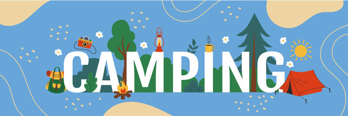 Camp spring. Camping banner. Hiking adventure. Travel invitation. Minimal forest trees. Campsite bonfire and tent. Wild nature. Outdoor vacation lettering. Tourist backpack. Vector tidy background