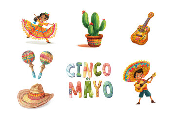 Symborls for Mexican holiday Cinco de Mayo (dancing girl, guital, maracas, cactus, sombrero)