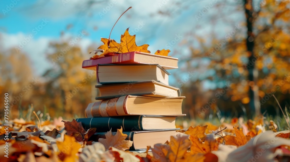 Poster a collection of books neatly stacked on top of a pile of autumn leaves, creating a contrast of textu