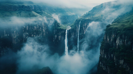 An aerial view of a powerful waterfall plunging into a deep canyon mist rising around it. - obrazy, fototapety, plakaty