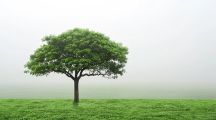 Fototapeta na wymiar A tree stands alone in a field shrouded in thick fog, creating a mysterious atmosphere