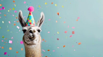 Fototapeta premium A happy llama is wearing a party hat and surrounded by confetti