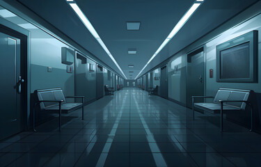 Fototapeta premium Long dark hospital corridor with rooms and seats, empty accident