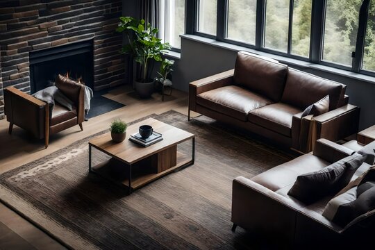 High Angle View Of Living Room With Comfortable Sofas And Coffee Table