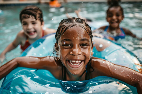 group of diverse children in swimming pool with inflatable ring circles, smiling kids wearing swimwear at outdoor summer pool party portrait