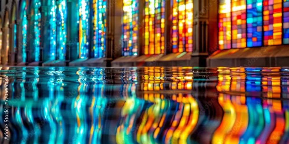 Aufkleber a close-up view of a colorful stained glass window reflecting in the water, creating a vibrant and m