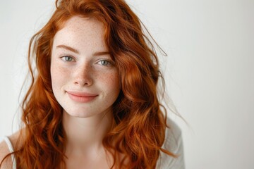 portrait of young redhead woman with freckles, smiling. girl with long red wavy hair looking happy and radiant. ginger female on white background, isolated with copy space