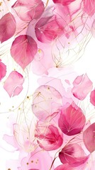 Luxury art botanical composition. Spring minimal design in pink, white and golden shades. Watercolor flowers, plants, leaves, lotus.