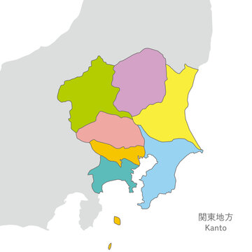 関東地方、関東地方の各県の地図、カラフルで明るい