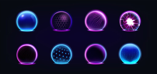 3d sphere. Shield abstract AI, globe protect, ball energy space, cyber magic data, glass blockchain, dome element network, futuristic effect power. Neon glowing isolated elements. Vector background © Natalia