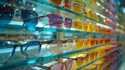 Close-up of assorted eyeglasses on display shelves in an optical shop. Eyewear retail and fashion concept. Design for optical store catalog, eye health guide - obrazy, fototapety, plakaty