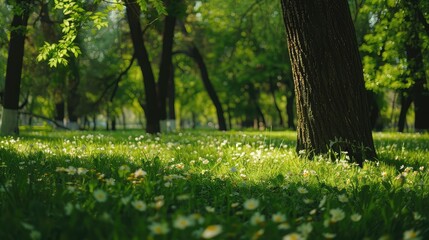 Spring Nature. Beautiful Landscape. Park with Green Grass and Trees. Tranquil Background