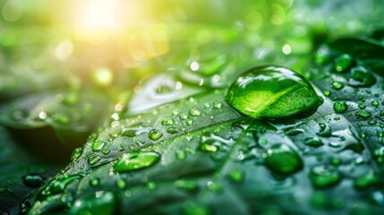 Detailed view of water droplets resting on a vibrant green leaf with sunlight creating a soft blur effect in the background