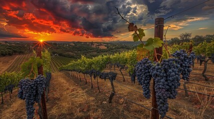 The sun is setting over a vineyard filled with ripe grapes, casting a warm glow on the vines and...
