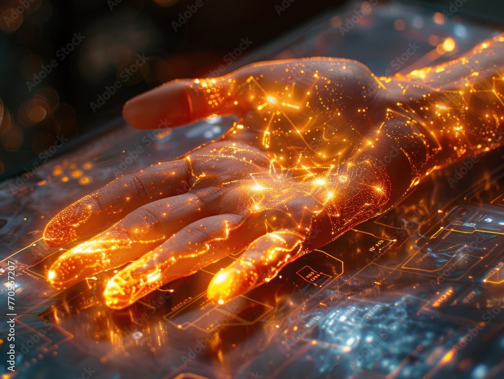 Poster a human hand positioned on top of a modern computer keyboard, ready to interact with technology.