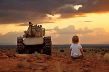 A little boy looks at the invading tank at sunset. A symbol of peace and war. - obrazy, fototapety, plakaty