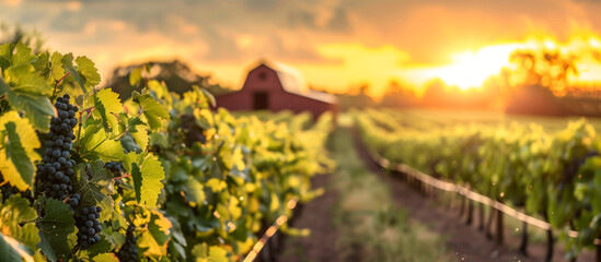 Fototapeta na wymiar vineyard in sunset close up of red grapes with orange sky and barn in background