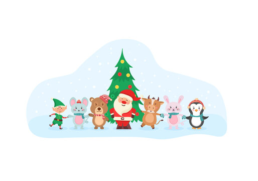 Cute Christmas elements, santa, snowman, gifts, snowflakes, bears, penguins, tree, animals and cow. Cute forest animals and Santa Claus for Christmas holidays. Wildlife cartoon character set. Vector.