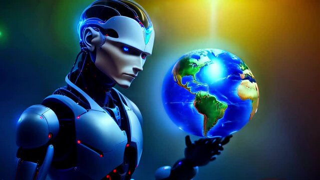 ai machine robot holding globe in his hand robot taking over the world from human concept